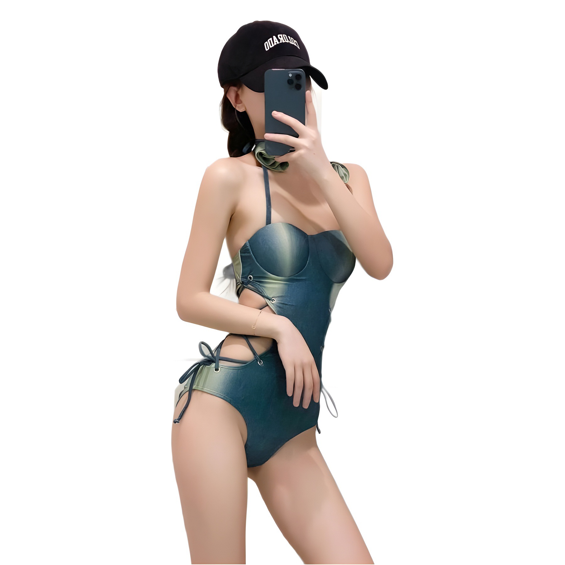 New High-Grade American Retro Denim One-Piece Swimsuit Female Flower Tie Pure Desire Spice Girl Show Thin Internet Celebrity Style Application Scenario