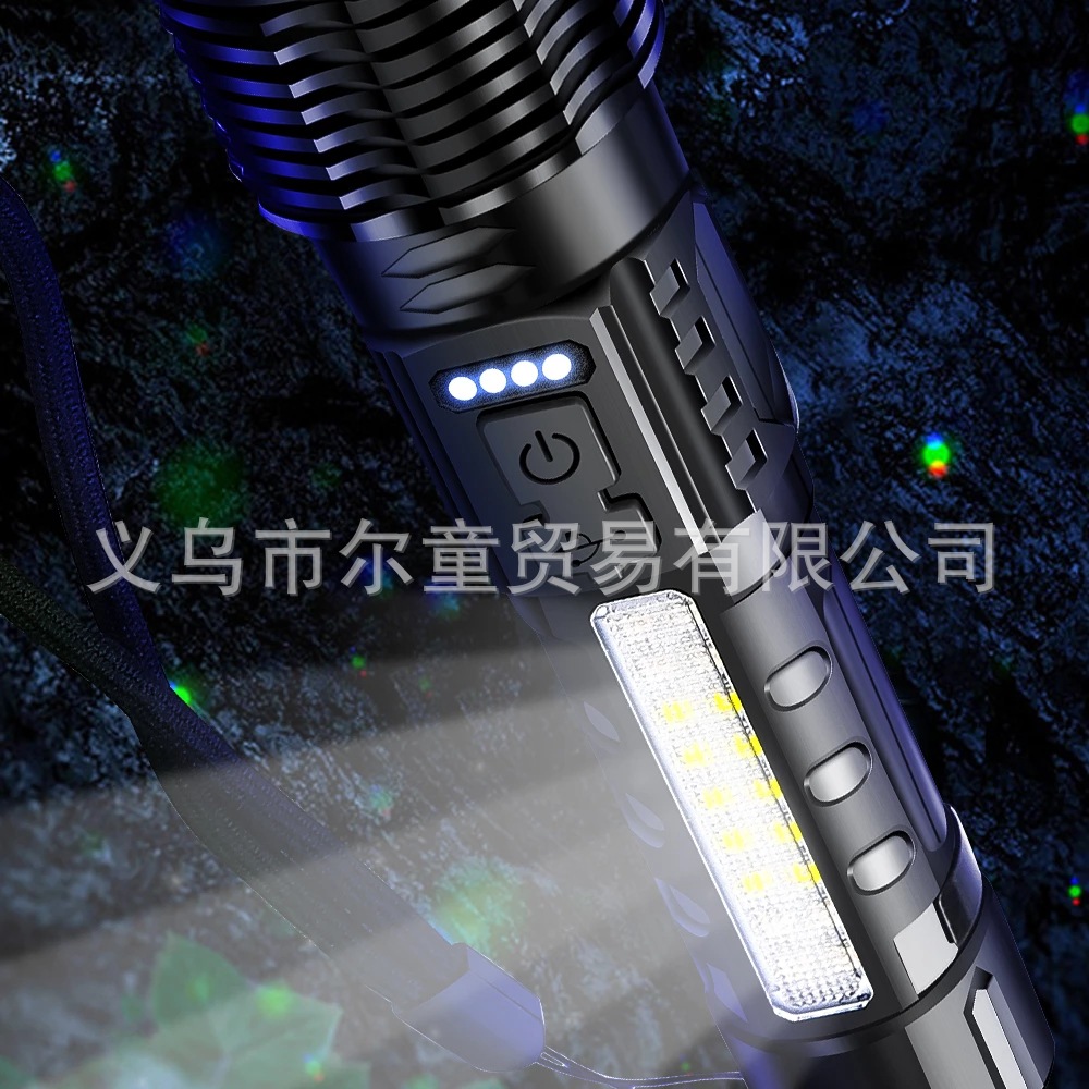 New white laser flashlight with telescopic zoom, USB charging, power display, outdoor lighting, COB side light and strong light Application Scenario
