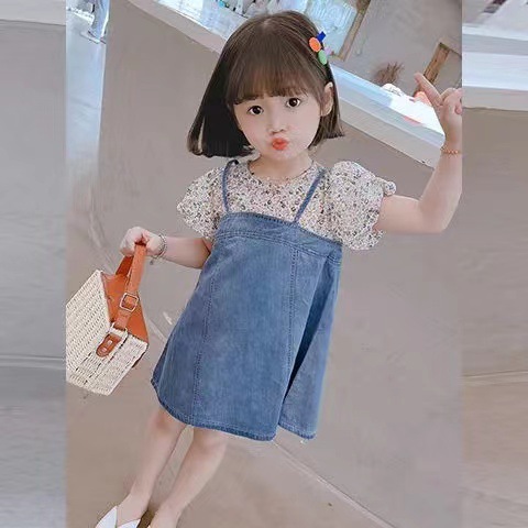 Girls' dress, summer dress, children's denim dress, children's floral princess dress, 2021 summer new style baby girls' dress details Picture