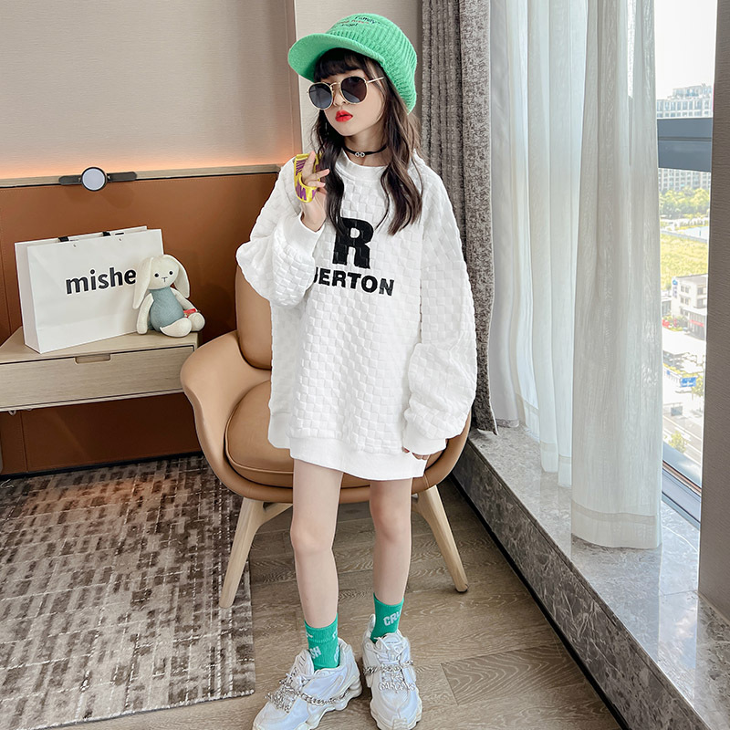 Girls' Korean-style top, children's waffle checkered hoodie 2022 autumn collection, letter round neck pullover, children's base layer Specification image