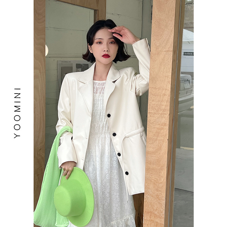 Principios de primavera nuevo estilo coreano suelto cordón cerrado cintura largo medio PU traje mujer abrigo Specification image