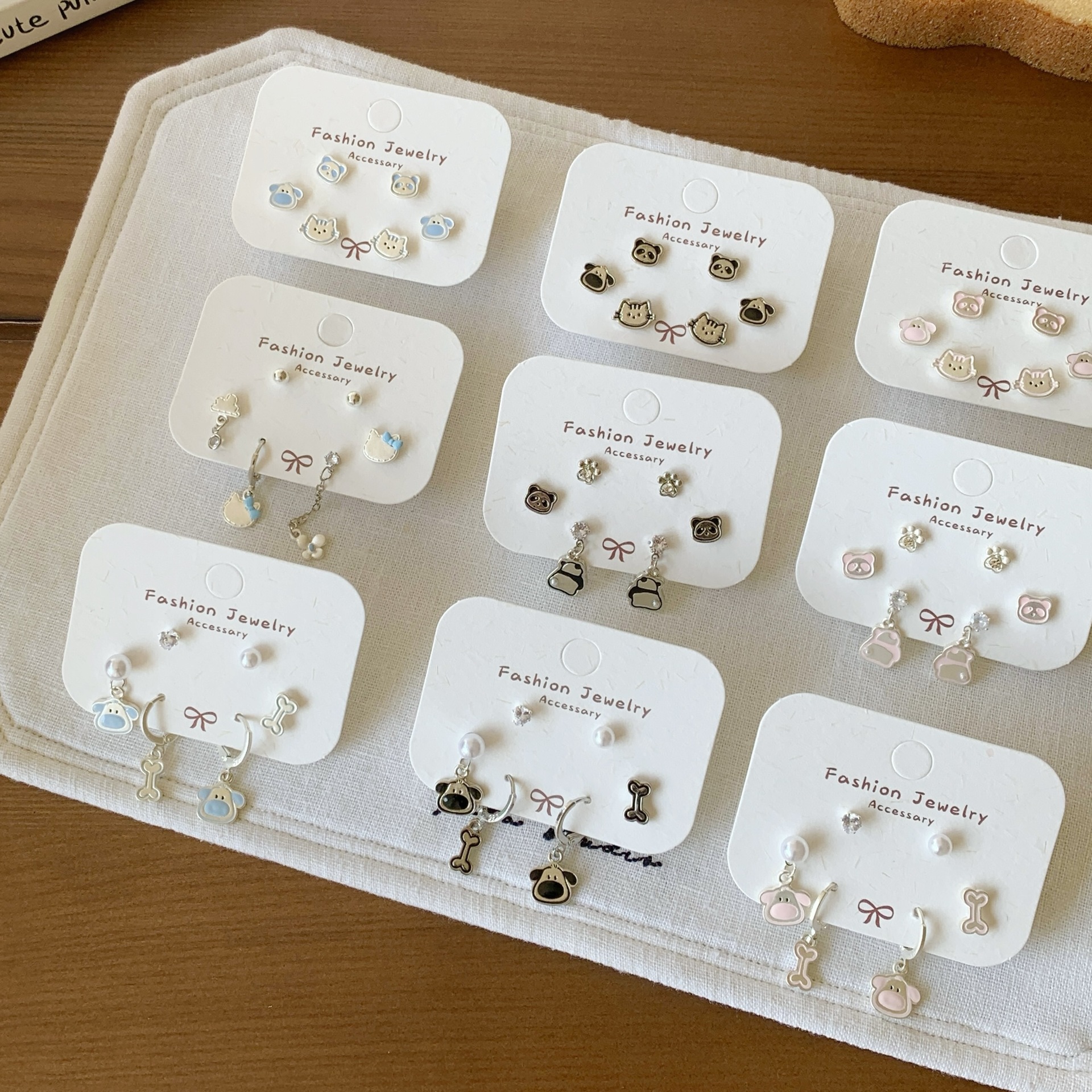 亚银卡通可爱猫咪钓鱼耳环女银针精致甜美小狗设计感夏季学生耳钉