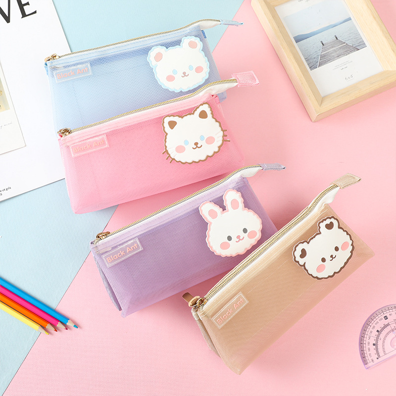韩版卡通学生笔袋粉色动漫文具袋紫色初中生大容量日式儿童铅笔袋图