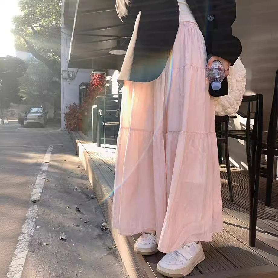 粉色半身裙女春秋夏季2024新款高腰显瘦a字长裙小个子蓬蓬蛋糕裙产品图