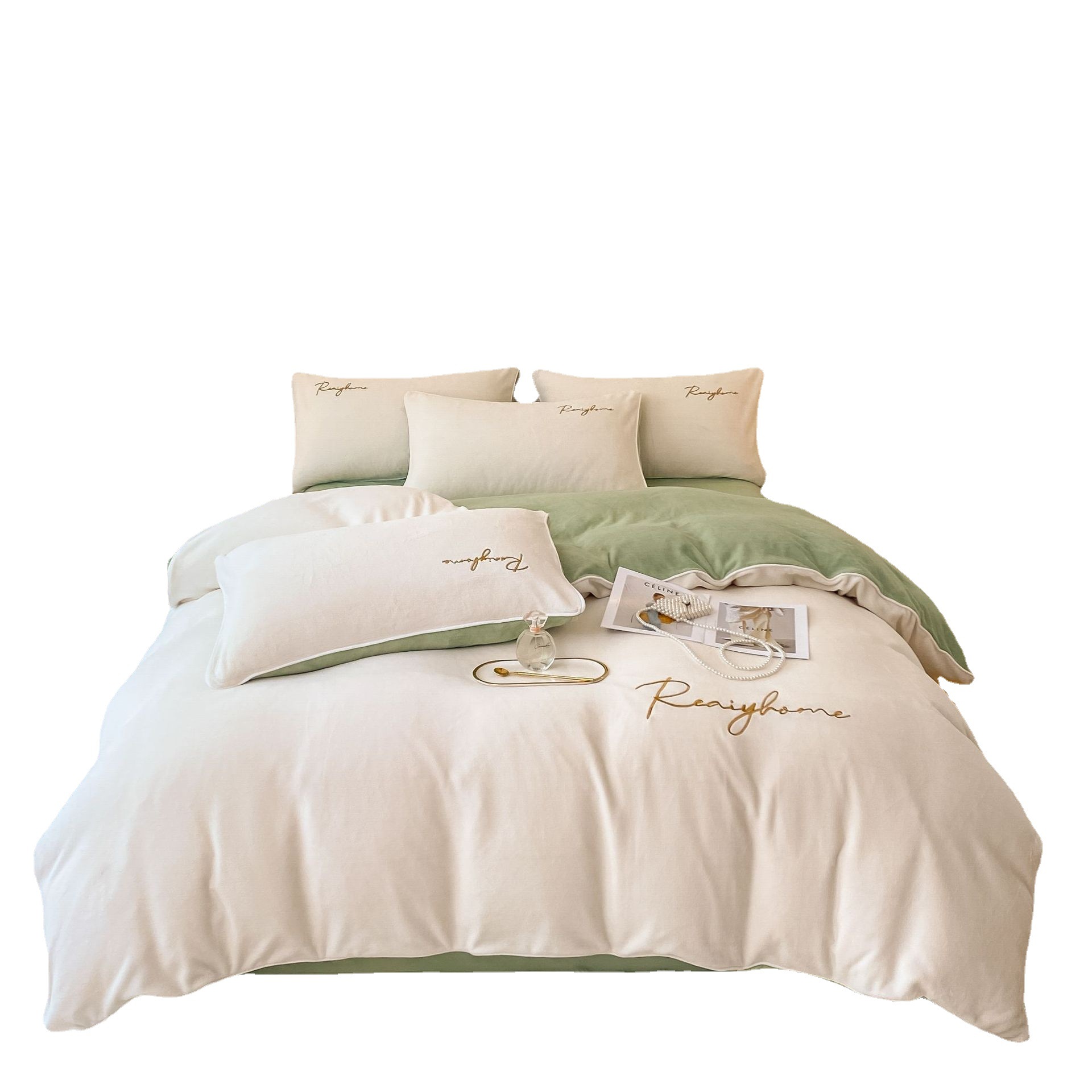 Solid Color Light Luxury Embroidery Milk Velvet Four-Piece Double Set Thick Coral Velvet Duvet Cover Autumn And Winter Golden Sable Velvet Bed Sheet Item Picture