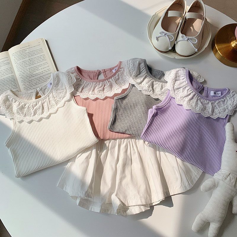 Summer lace vest T-shirt for girls, sweet and thin lace sleeveless top with ruffles for children and babies, versatile and trendy Application Scenario