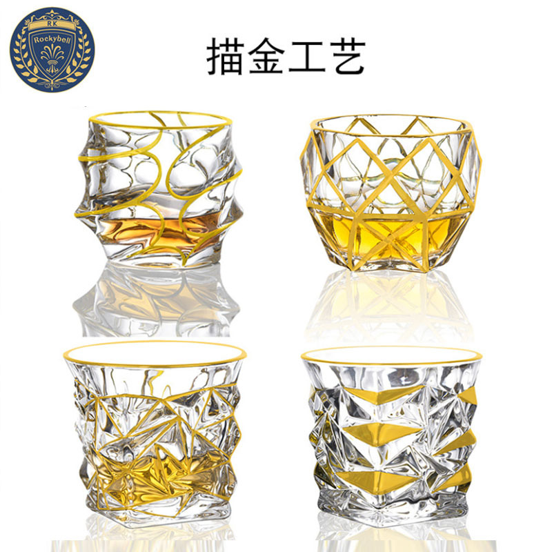 水晶玻璃描金威士忌杯洋酒杯金箔白酒杯烈酒杯家用水杯果汁杯茶杯