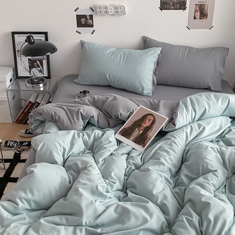Solid color two-piece washed cotton four-piece set, student dormitory three-piece set, pure cotton bed sheet, quilt cover, bed hat style bedding details Picture