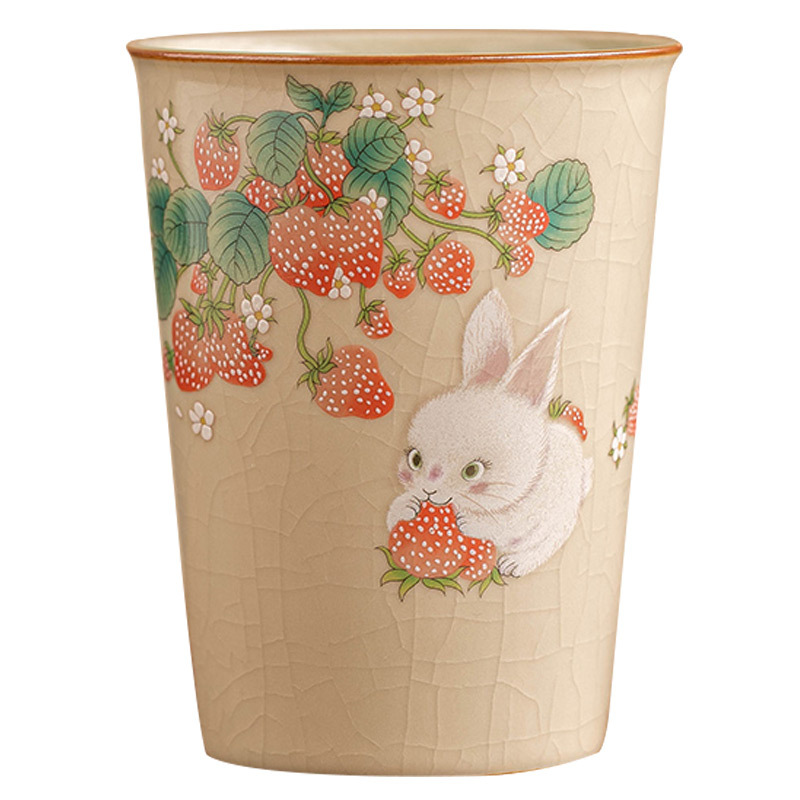 Ru Kiln Strawberry Rabbit Owner Cup, single cup, ladies' personal Special Tea Cup, Portable cup, Large capacity Chinese tea-tasting cup Item Picture