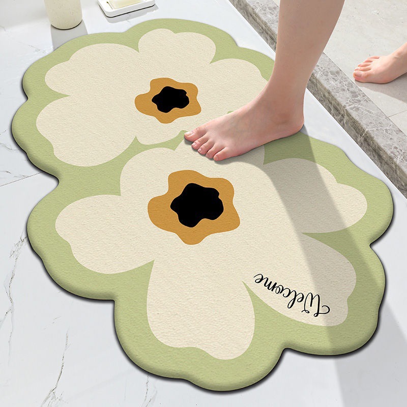 Flower bathroom rubber anti-slip and easy-to-maintain floor mat, fresh and clean bathroom door diatom mud absorbent and quick-drying foot mat Specification image