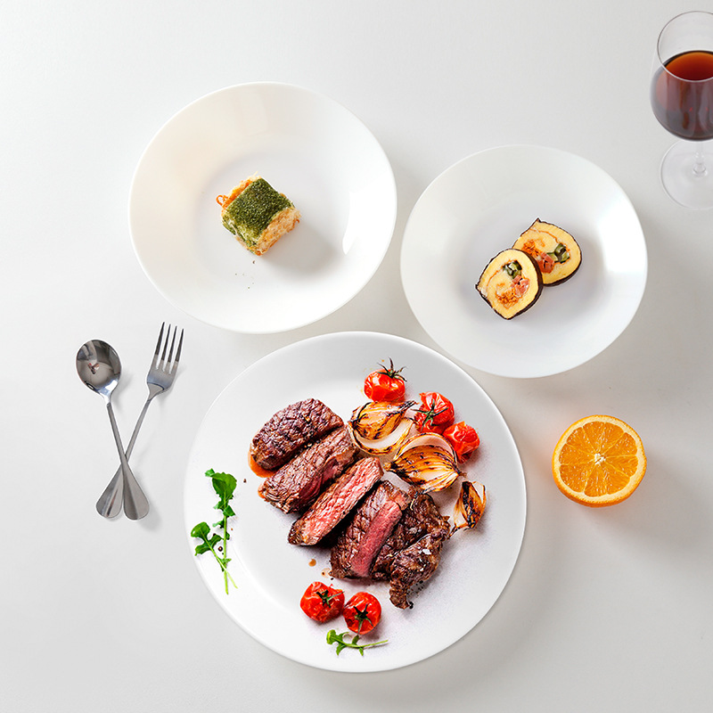 【 White Jade Glass Porcelain Pure White Threaded Series 】 Threaded dinner plates, sterile shallow plates, flat plates, steak plates, Western dinner plates details Picture