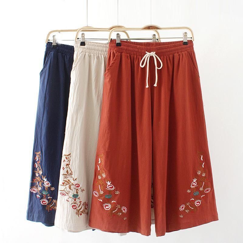Nacional de moda de mediana edad y edad de las mujeres de tamaño grande de las mujeres pantalones sueltos de mamá de algodón y cáñamo de edad media mamá verano pantalones de piernas largas para mujeres Specification image