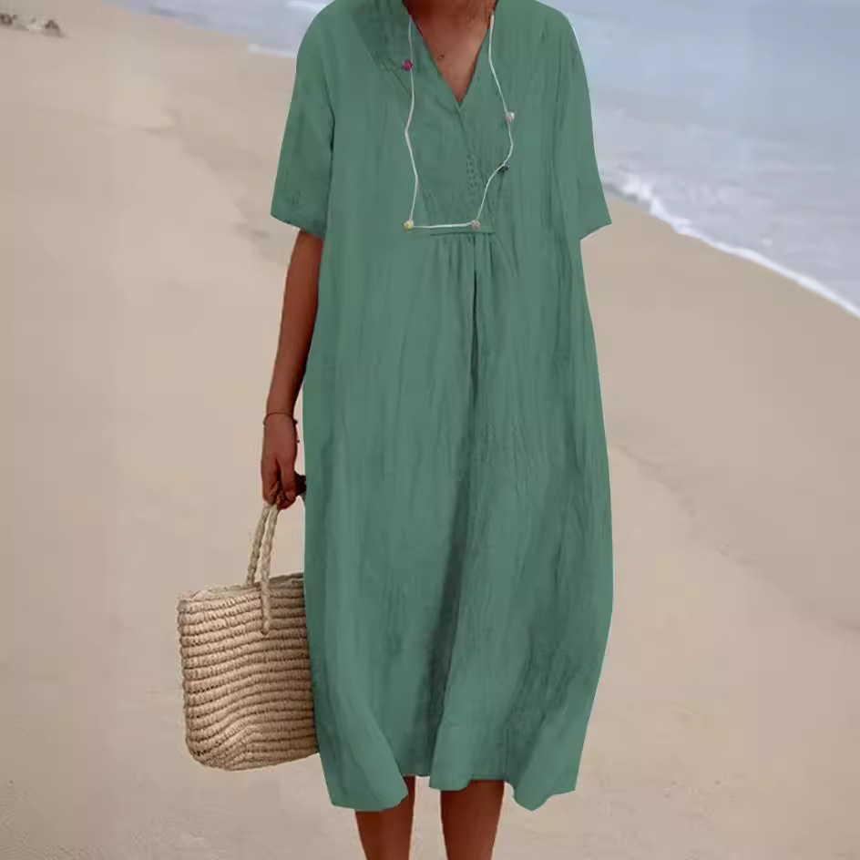 2024 Amazon bestseller cotton and linen women's solid color V-neck fashion dress in stock Specification image