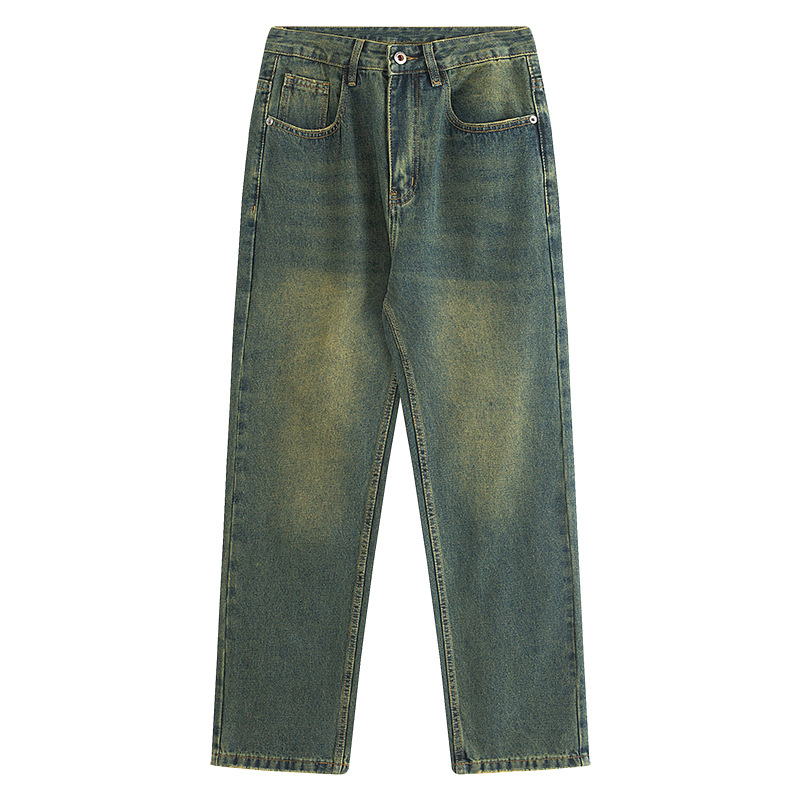 American street retro men's jeans, high-end straight-leg jeans, men's simple and loose denim long pants Item Picture