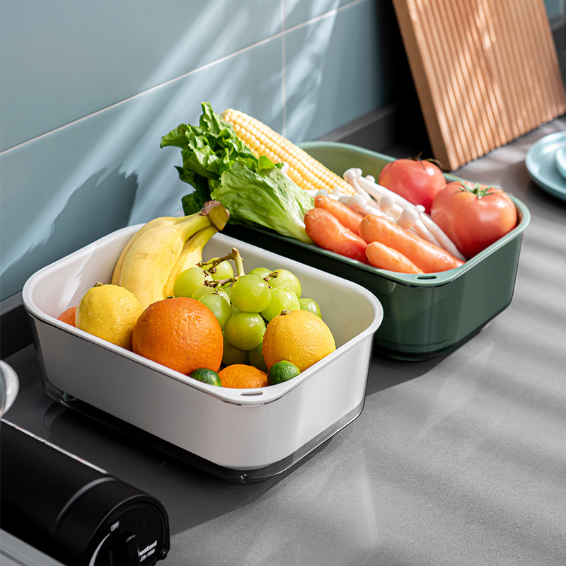 Double Drain Basket Plastic Kitchen Home Water Fruit Basket Thickened Rectangular Dark Green Creative Washing Basin Hair details Picture