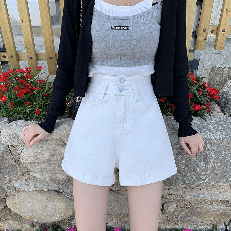 Double-button high-waisted denim shorts 2022 Summer new style Loose rolled A-line wide-leg slimming denim shorts for women Application Scenario