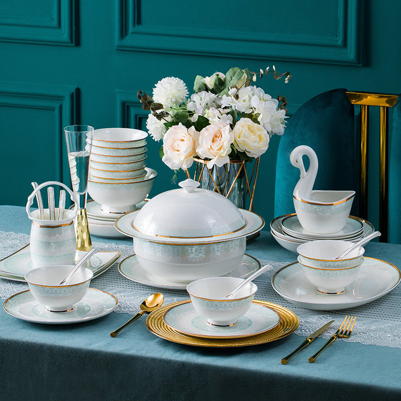 Jingdezhen High-Grade Bone China Tableware Set Northern Europe Bone China Bowl High-Grade Bowl Plate Ceramic Dish Household Full Set Of Light Luxury