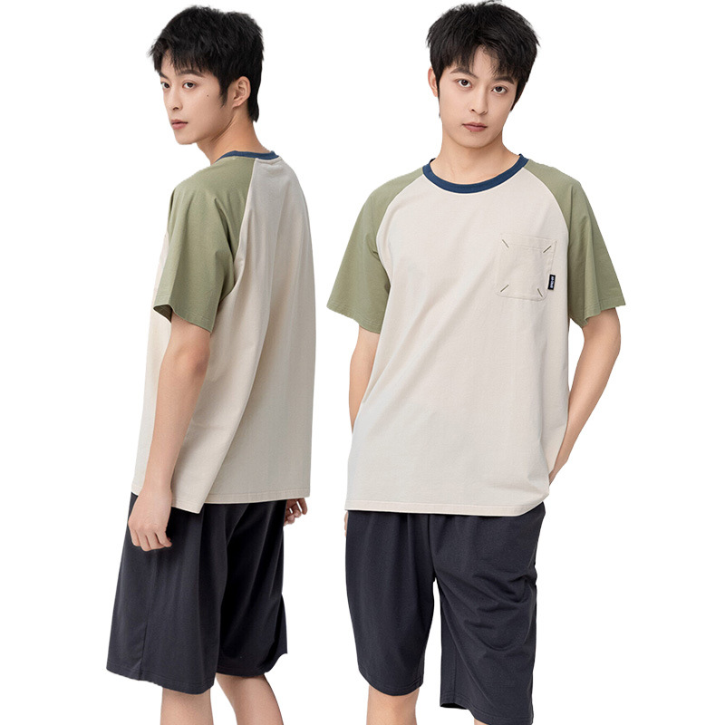 Antibacterial pure cotton summer cool-feeling short-sleeved men's home wear, color-matched round-neck shorts, casual pajamas, soft and comfortable for men Application Scenario