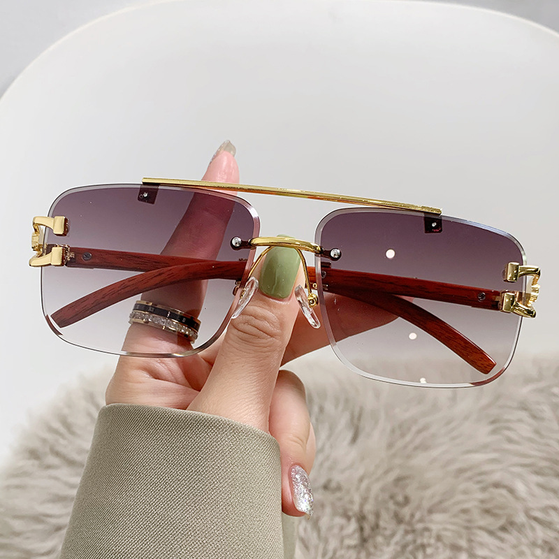 New cross-border personalized glasses, wood-grain leg frameless edge-cut sunglasses, double-beam fashionable and trendy sunglasses for women 90180