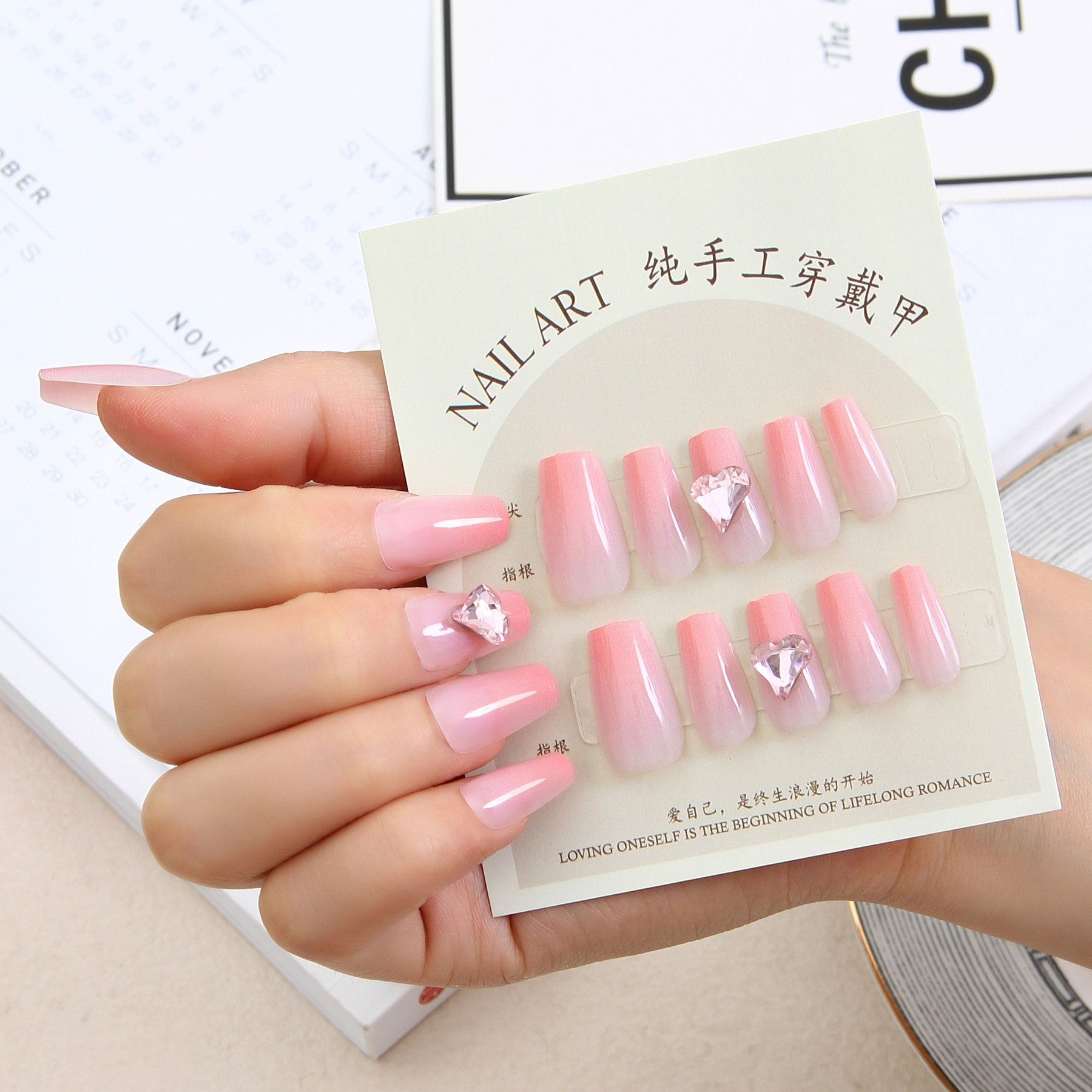 False nails, nail plates, nail patches, handcrafted nails, pink gradient gradient, medium and long trapezoidal ballet nails