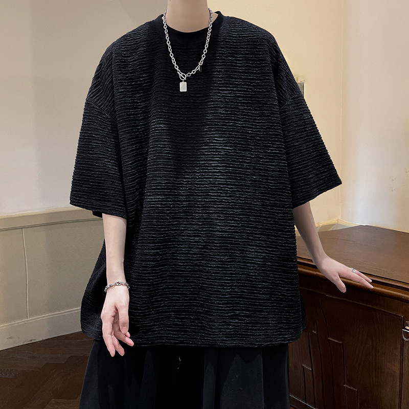 Hong Kong-style three-dimensional horizontal stripe, Chanel style, off-the-shoulder loose, men's 5-inch large size, versatile half-sleeved, ins Korean style short sleeved Specification image