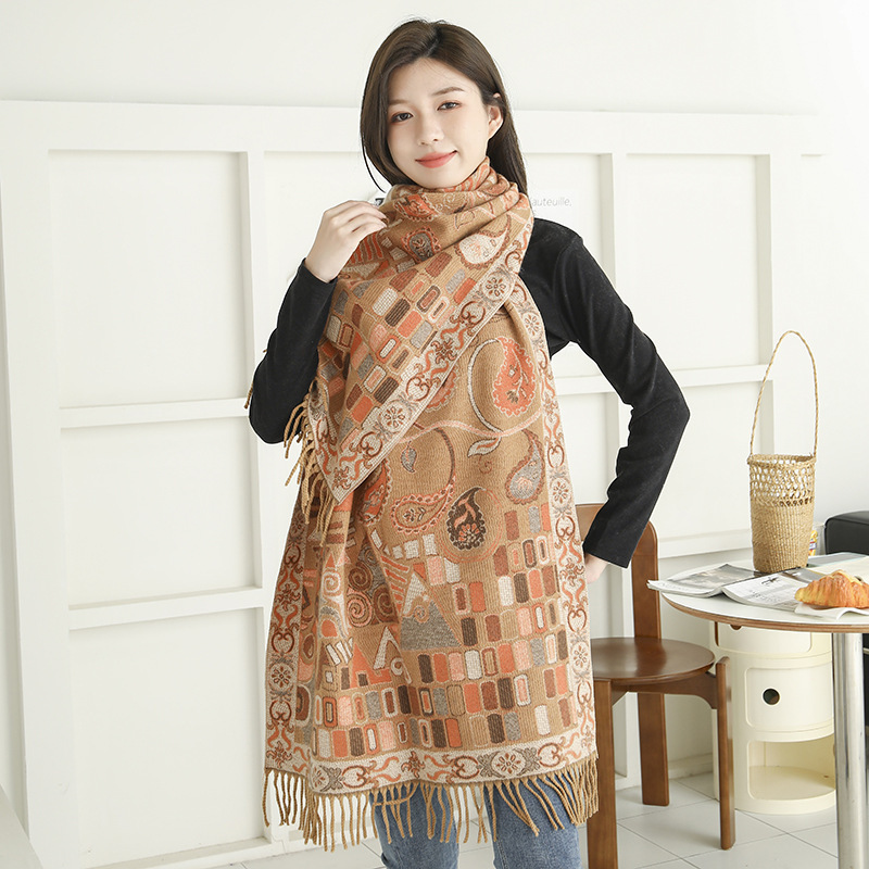 Ethnic Scarf Women's Winter Superior Sense Imitation Cashmere Scarf All Women's Shawl Tassel Vintage Jacquard Scarf