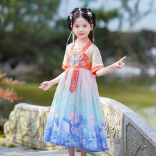 儿童古装超仙汉服女童装中大童女孩子印花卡通服装短袖童裙中国民族风