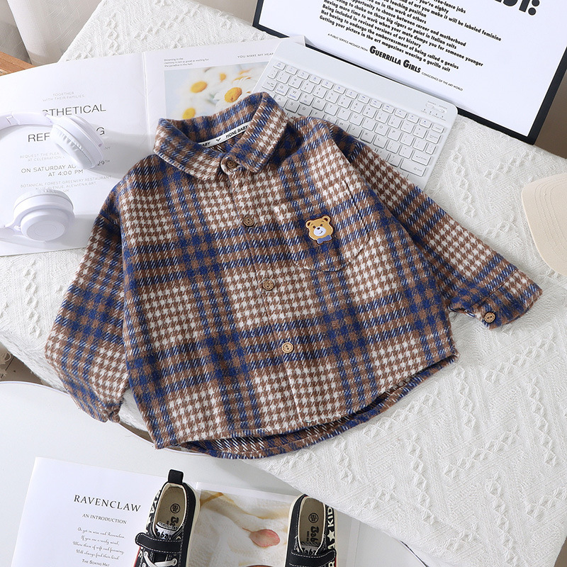 New Korean style children's shirts for autumn and winter: boys' lapel checked top, girls' casual cardigan, long-sleeved base layer details Picture