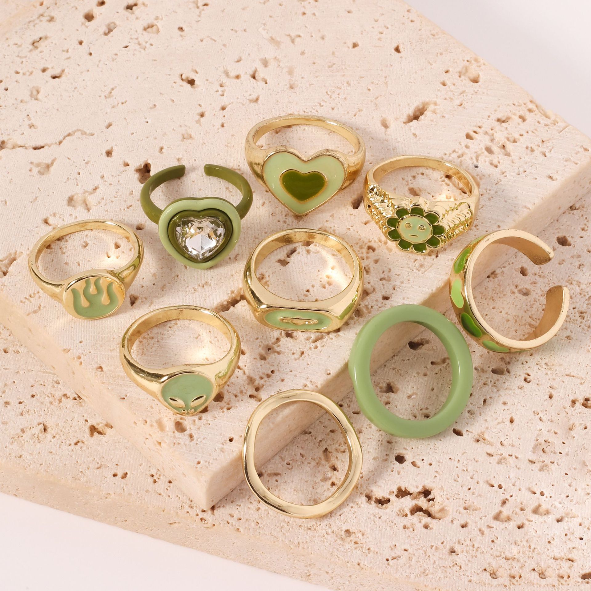 Cross-border Instagram new avocado green ring set, multiple creative oil-dripping rings, color-preserving electroplated food rings wholesale details Picture