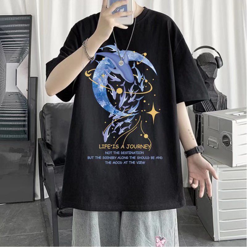 Overweight and plus-size Hong Kong-style short-sleeved T-shirt for men, summer Korean-style trendy loose and versatile five-quarter sleeve T-shirt top details Picture