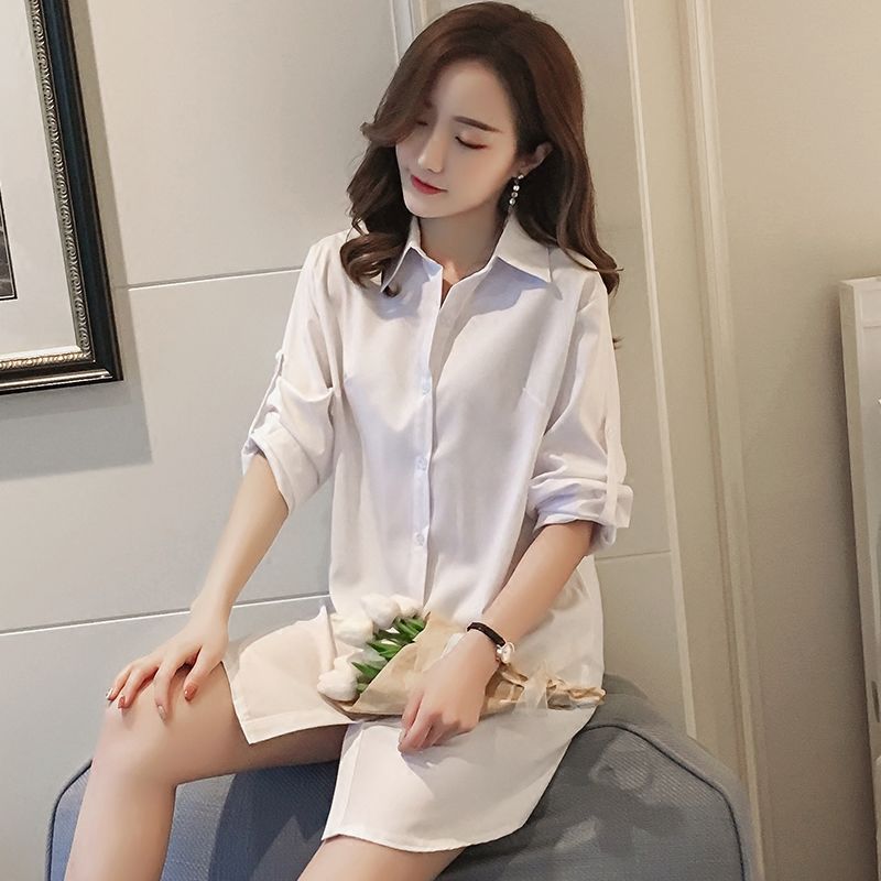 New long-sleeved, loose Korean style, versatile, large-sized women's mid-length BF base shirt, inch women's style details Picture