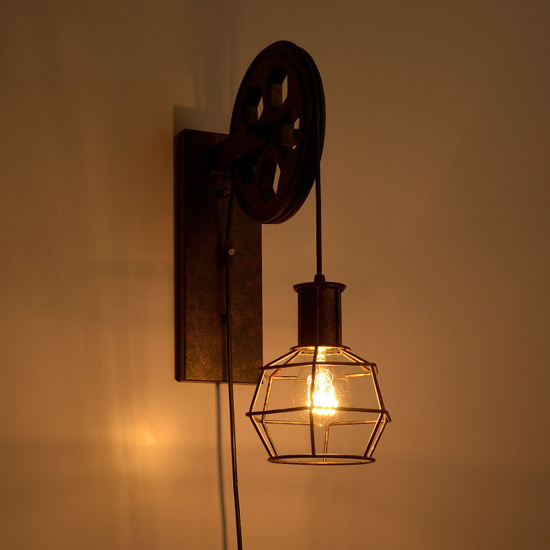 美式乡村壁灯工业风复古壁灯简约创意铁艺滑轮壁灯升降餐厅过道灯图