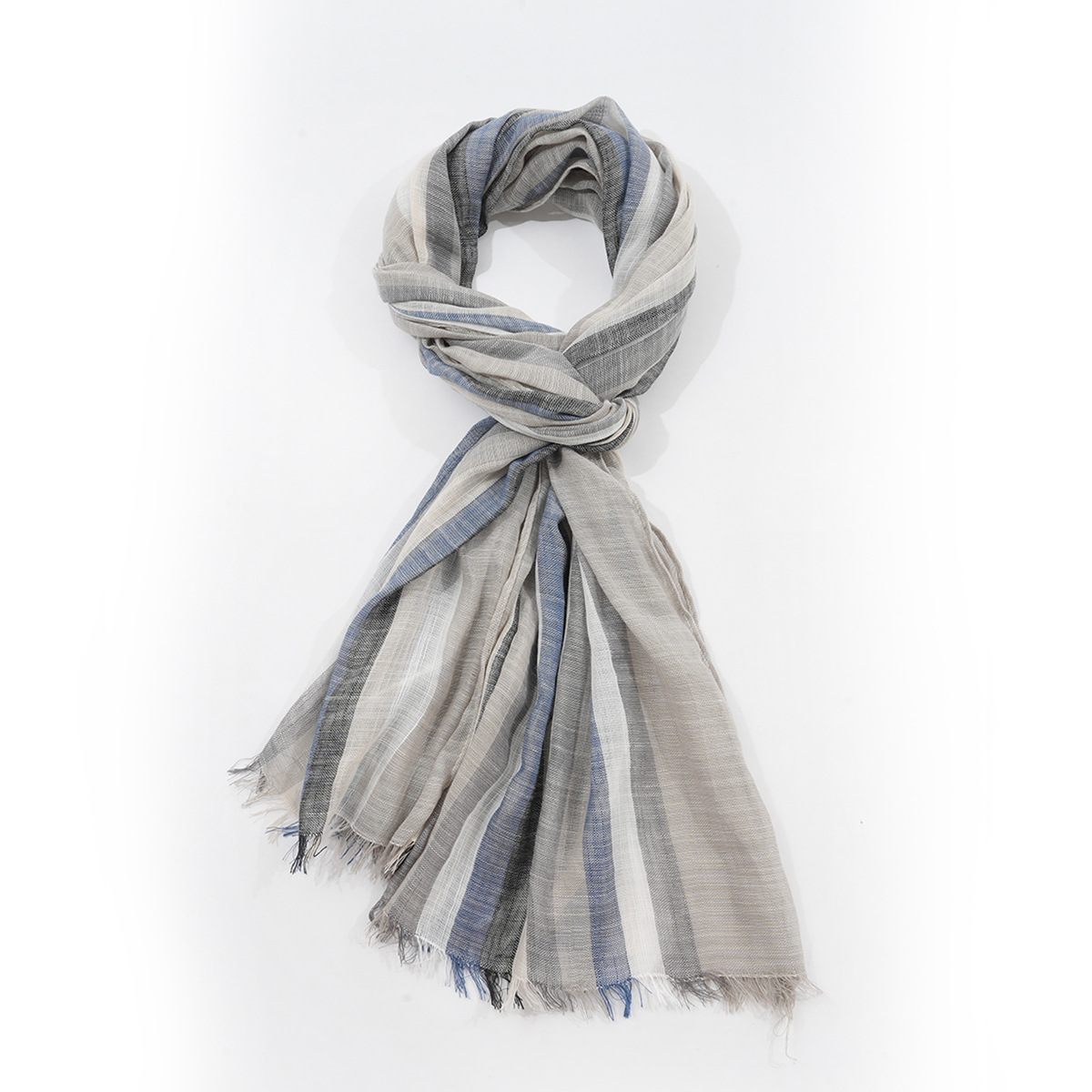 Spring and Autumn 2023 Thin cotton and linen shawl and scarf for export, vertical striped women's fashionable and simple short beard scarf, windproof Application Scenario