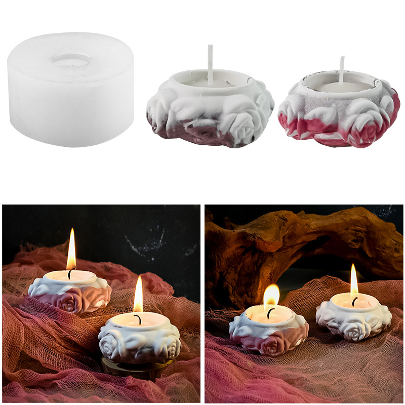 diy硅胶模具4连玫瑰烛台花朵香薰蜡烛装饰摆件水泥石膏模具