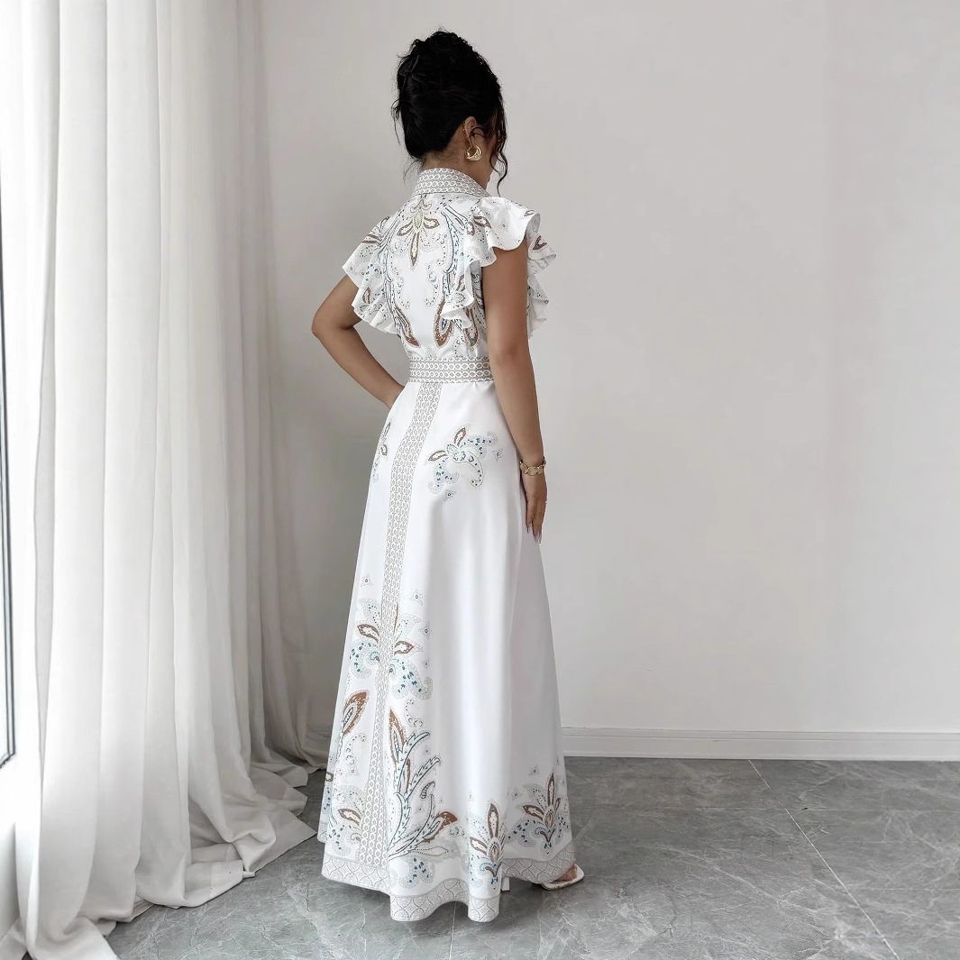 This is a new spring and autumn collection of a retro court-style printed long-sleeved, waist-cinching, wide-swing long dress with a fashionable single-breasted stand-up collar Specification drawing