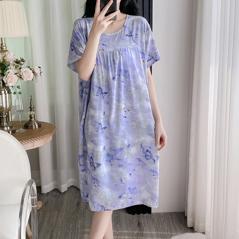Summer cotton silk belt cushioned nightgown for middle-aged women, short sleeves for mothers, 45-piece artificial cotton home wear, pajama skirt Specification image