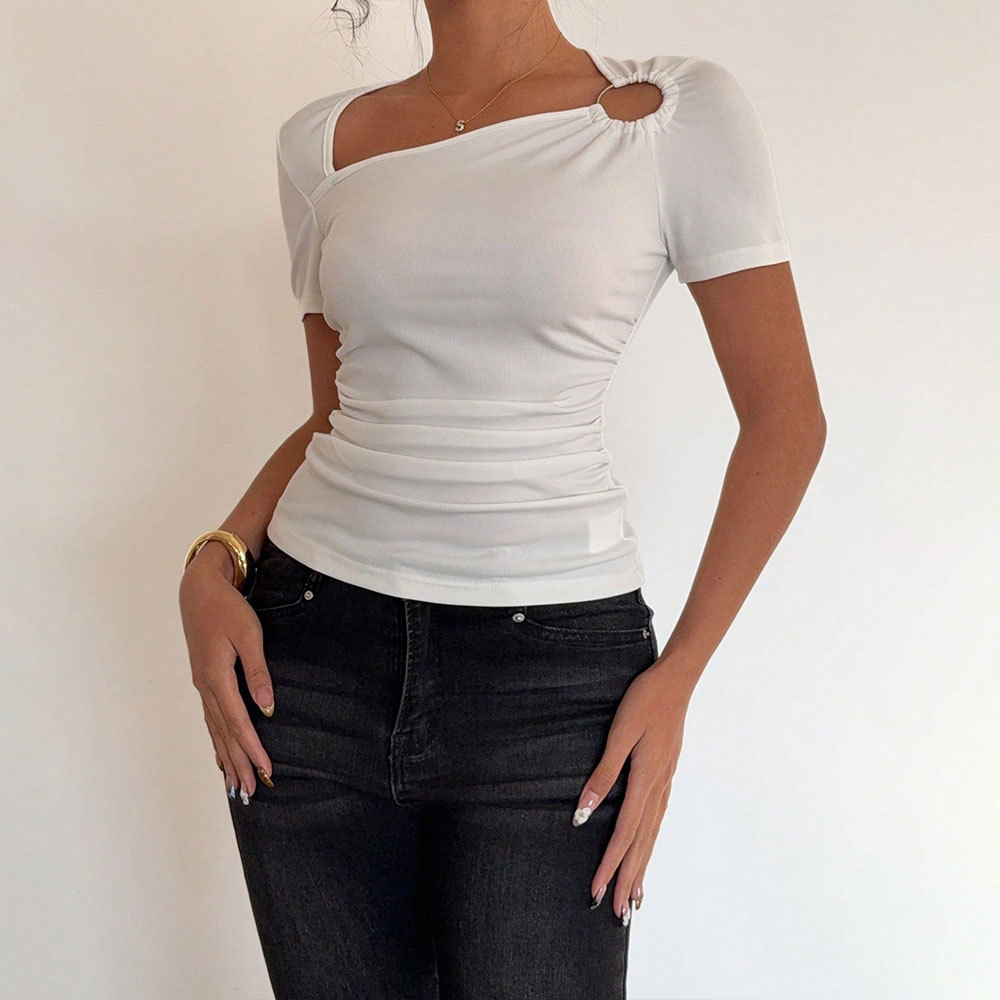Cool and mature woman style T-shirt 2025 Summer TK Amazon Export women's clothing slimming and waist-cinching solid color short-sleeved top Application Scenario