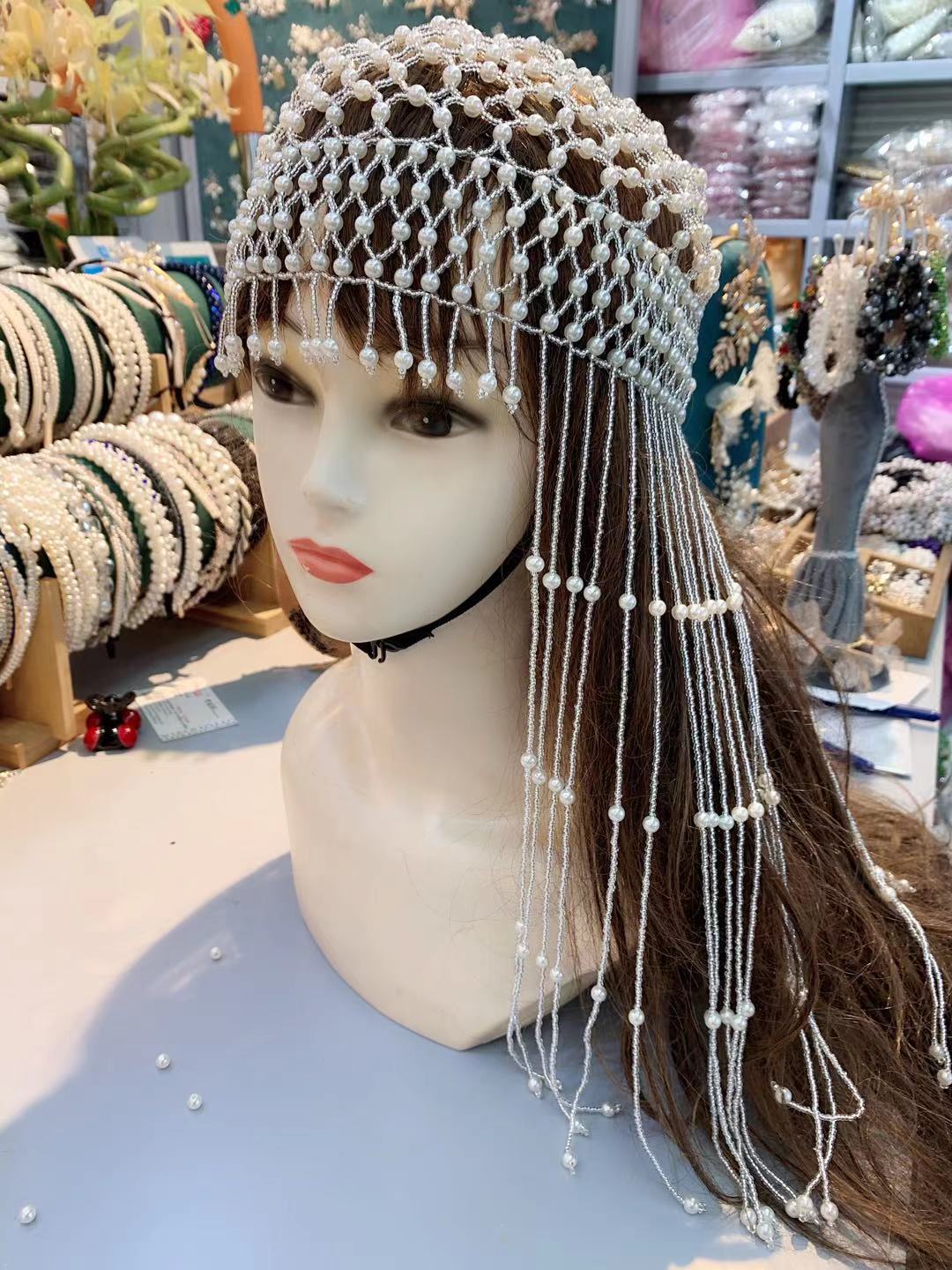 New tassel pearl hat, beaded headwear, photo studio headwear, bridal style tassel hat wholesale details Picture
