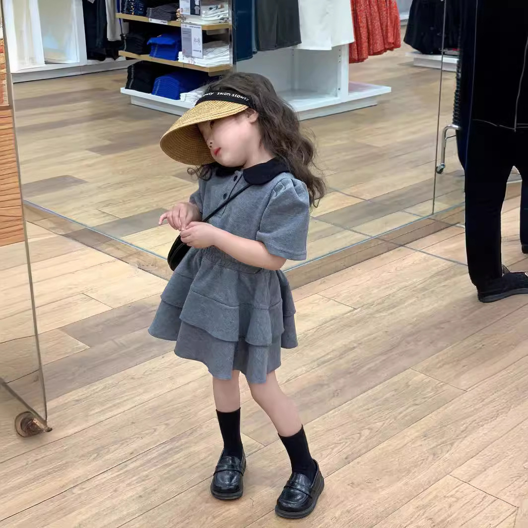 Fashionable children's clothing set, trendy and trendy two-piece skirt, polo lapel, school style, baby summer dress for women details Picture