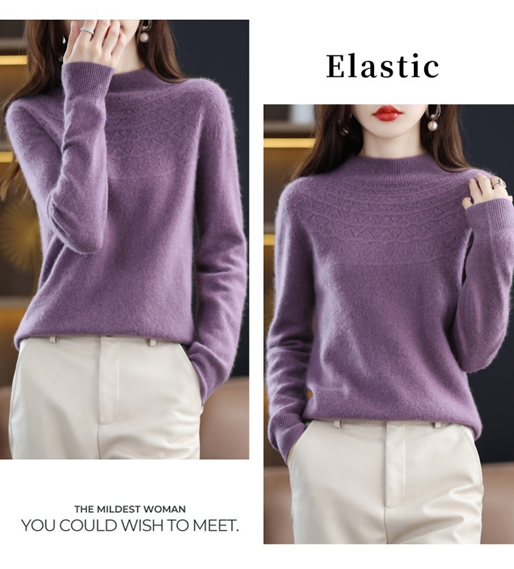 Autumn and winter semi-high neck hollowed-out 100 wool one-line seamless wool sweater, jacquard fashionable pullover sweater base layer pic 17