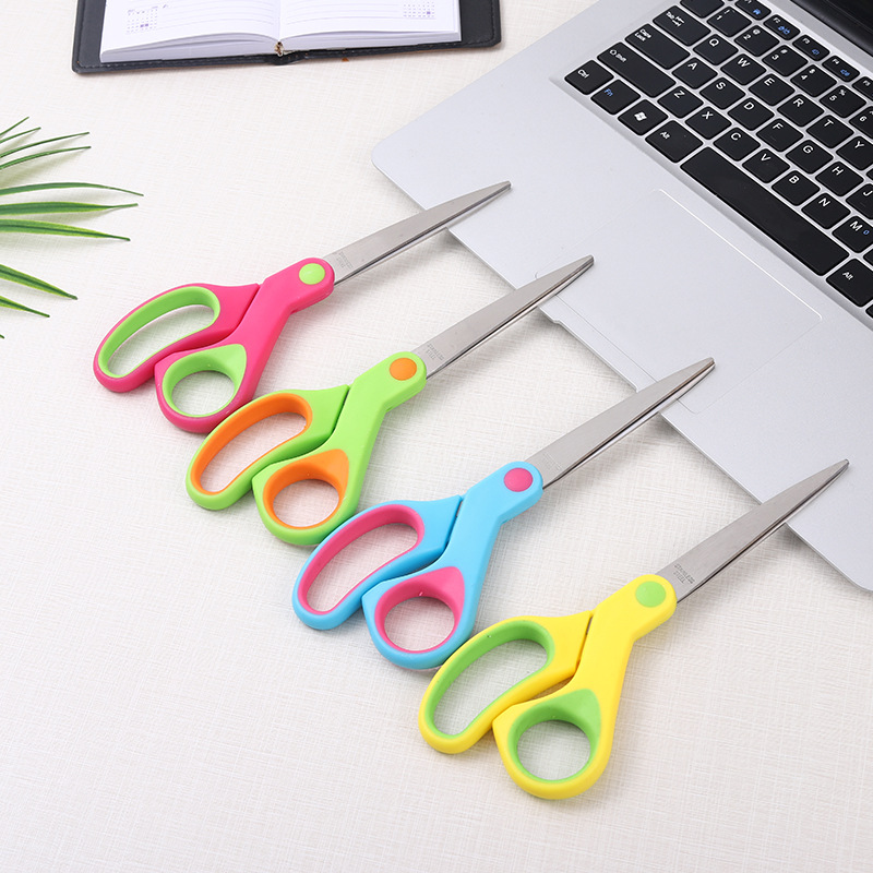 Manufacturers direct supply stainless steel office home scissors student art stationery manual paper-cutting scissors package rubber metal scissors details Picture