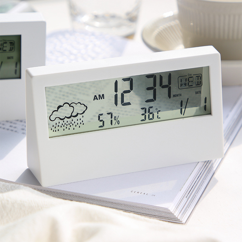 简约电子闹钟天气日期温度显示夜光懒人闹钟摆件礼品电子温湿度计