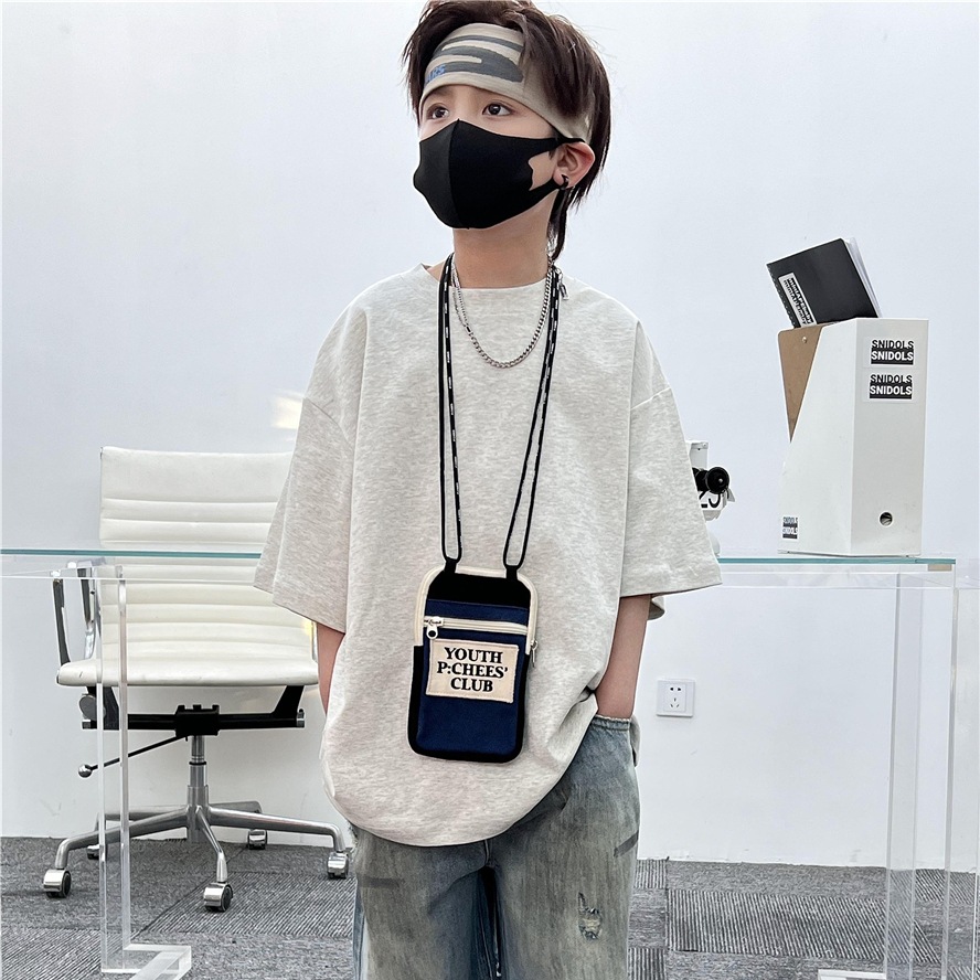 Spring/Summer 2026 Children's short-sleeved shirts, 230g liquid water-soft cotton neckline with small letters, solid color basic short-sleeved shirts for boys and girls Specification image
