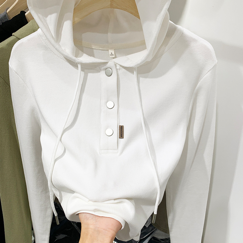 Korean hooded long-sleeved T-shirt for women 2023 autumn/Winter new style, slimming and form-fitting solid color hoodie, versatile top and base layer details Picture