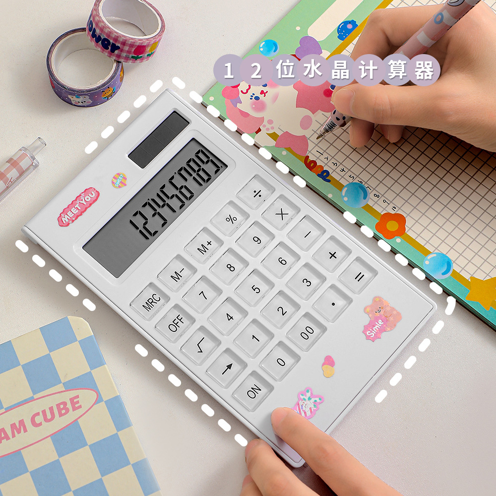 T简约12位水晶计算器 太阳能计算器 水晶按键双电源计算器批发