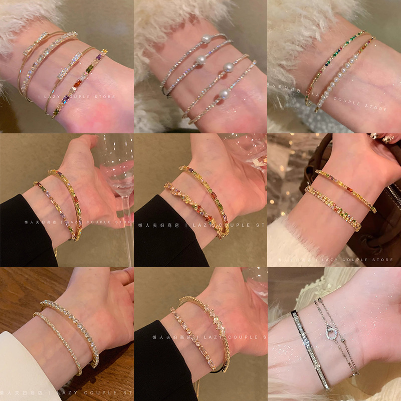 彩色多巴胺锆石手镯女设计感麻花扭结精致手链满钻双层叠戴手饰潮
