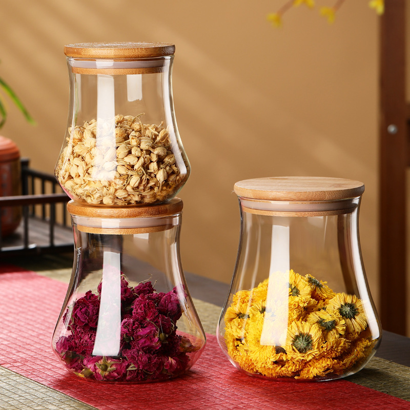 Wholesale household special-shaped high borosilicate glass sealed jars, bamboo lid tea jars, storage jars, candy storage bottles Application Scenario