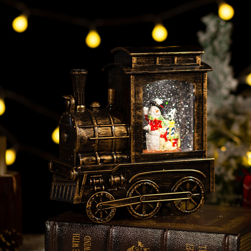 Christmas Decoration Small Train Crystal Ball Automatic Snow Music Box Christmas Gift Santa Claus Night Light