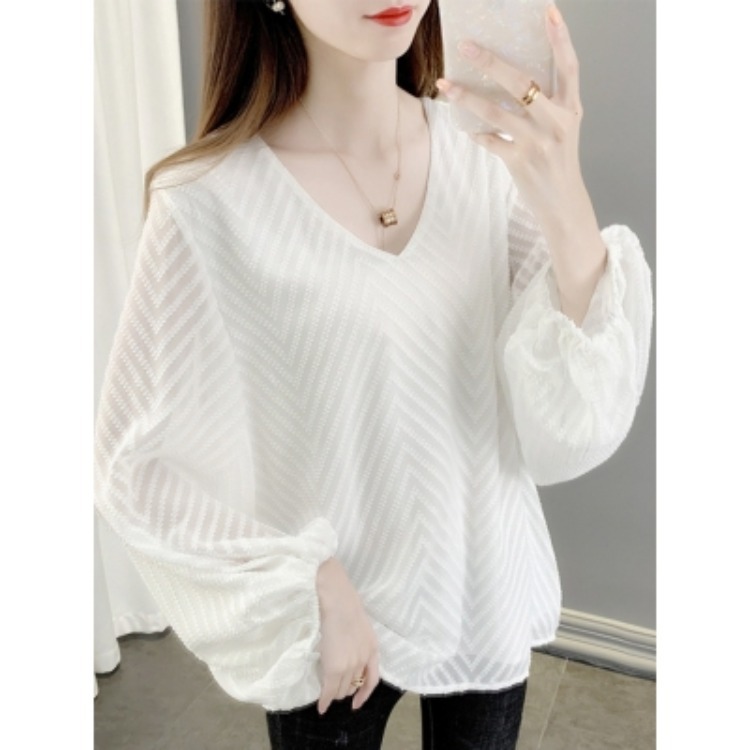 2023 New Women's Small Shirt V-Neck Long Sleeve Large Size Foreign Gas Shirt Female Xianqi Thin Belly Chiffon Blouse
