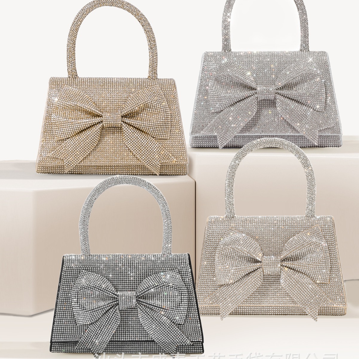 跨境电商2024新款晚宴包欧美轻奢满钻蝴蝶结手提包闪耀新娘包包